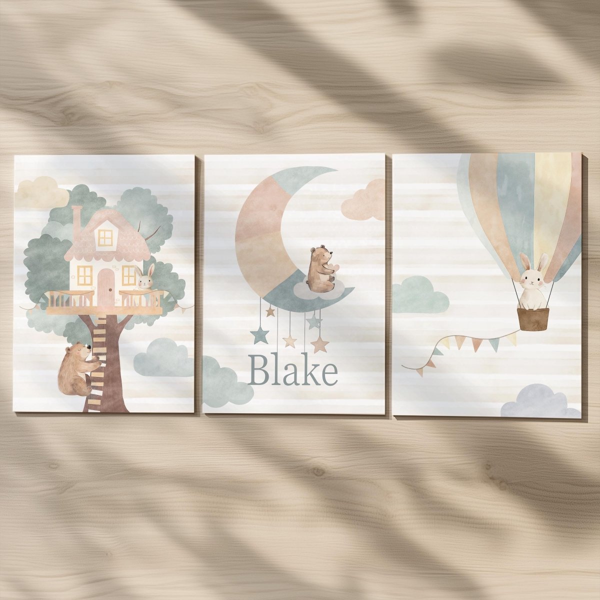 Set of 3 Personalised Nursery Prints – Whimsical Boho Hot Air Balloon Animal Wall Art for Kids Room - RoseRowanDesign -