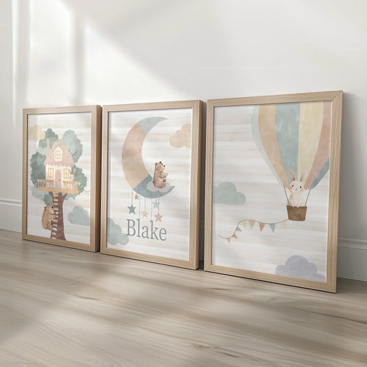 Set of 3 Personalised Nursery Prints – Whimsical Boho Hot Air Balloon Animal Wall Art for Kids Room - RoseRowanDesign -