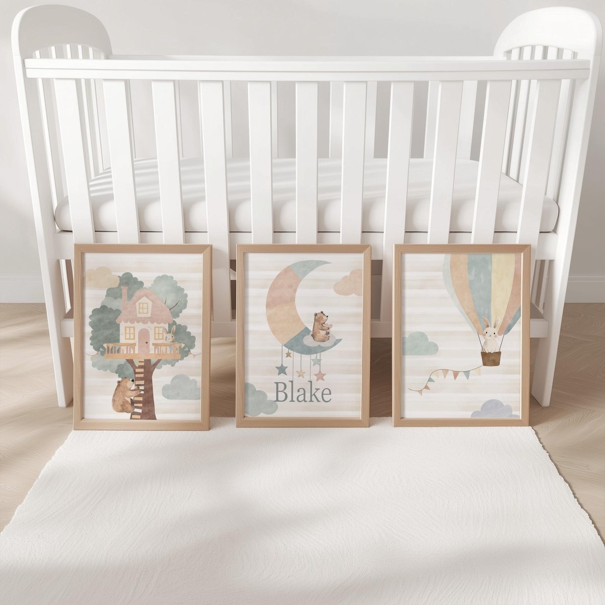 Set of 3 Personalised Nursery Prints – Whimsical Boho Hot Air Balloon Animal Wall Art for Kids Room - RoseRowanDesign -