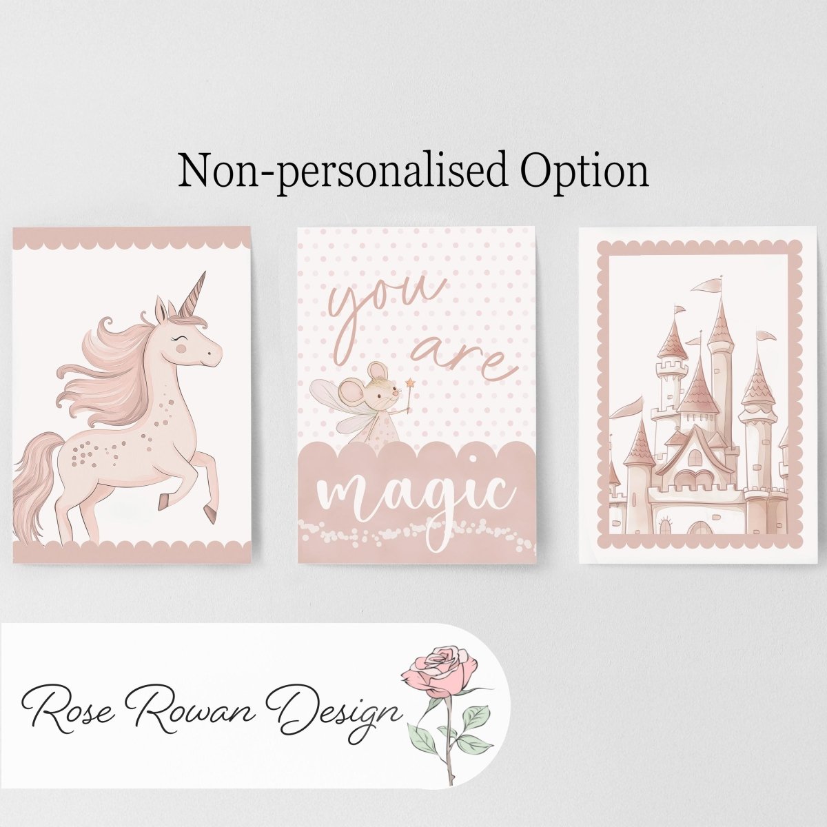 Set of 3 Personalised Pink Unicorn Nursery Prints – Princess Castle Wall Art for Baby's Room - RoseRowanDesign -
