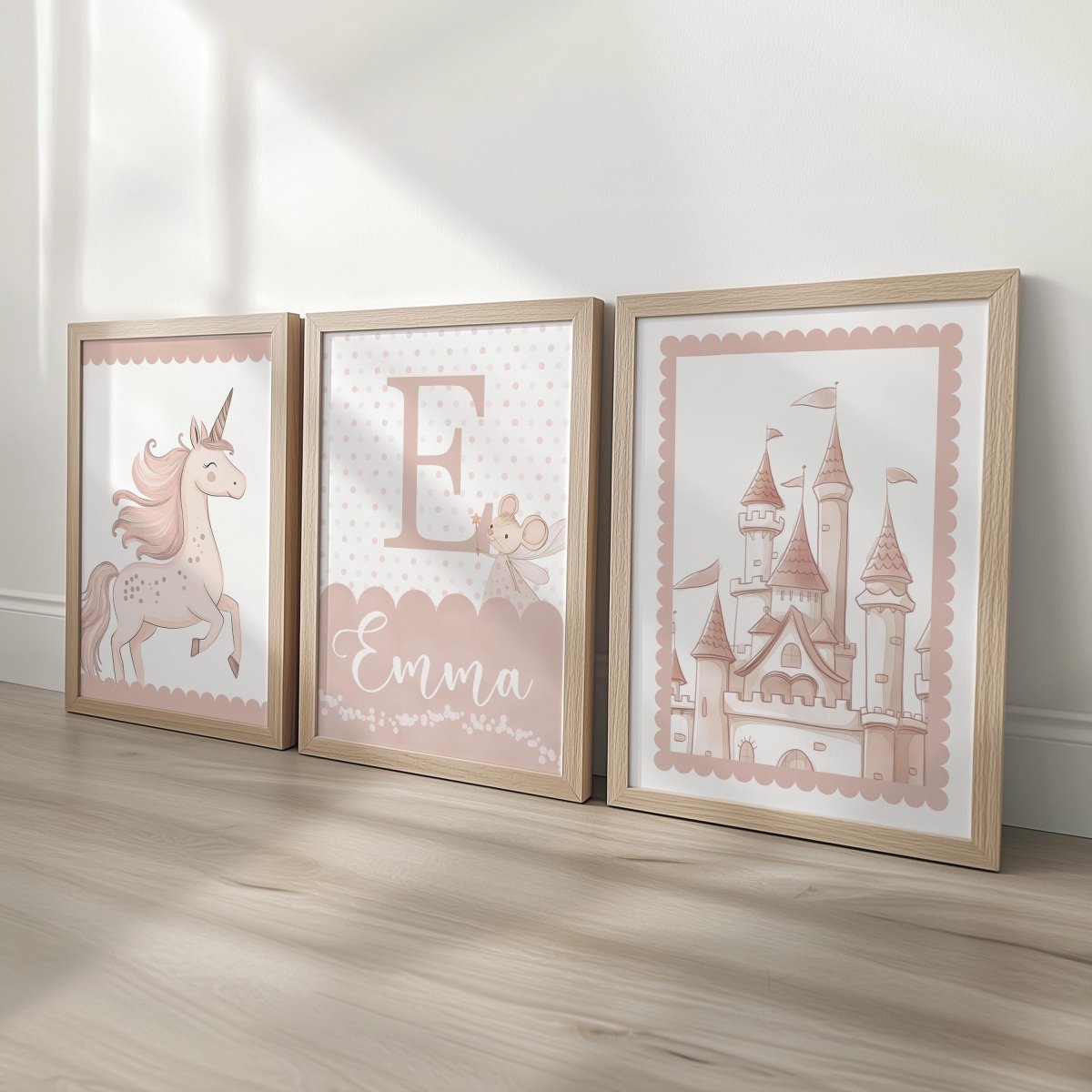Set of 3 Personalised Pink Unicorn Nursery Prints – Princess Castle Wall Art for Baby's Room - RoseRowanDesign -