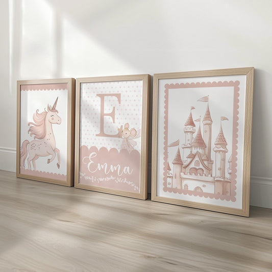 Set of 3 Personalised Pink Unicorn Nursery Prints – Princess Castle Wall Art for Baby's Room - RoseRowanDesign -