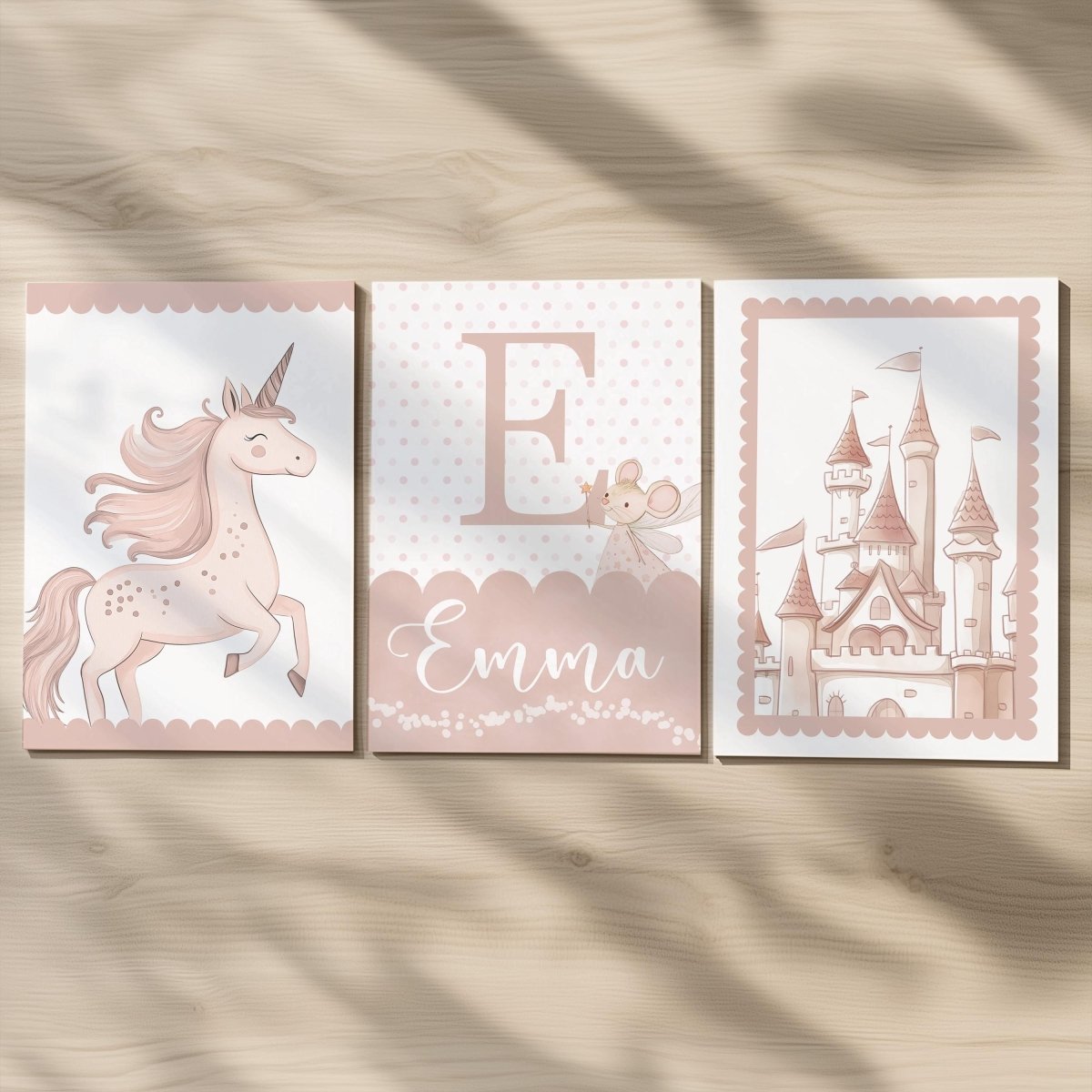 Set of 3 Personalised Pink Unicorn Nursery Prints – Princess Castle Wall Art for Baby's Room - RoseRowanDesign -