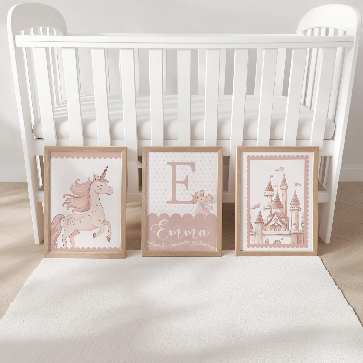 Set of 3 Personalised Pink Unicorn Nursery Prints – Princess Castle Wall Art for Baby's Room - RoseRowanDesign -