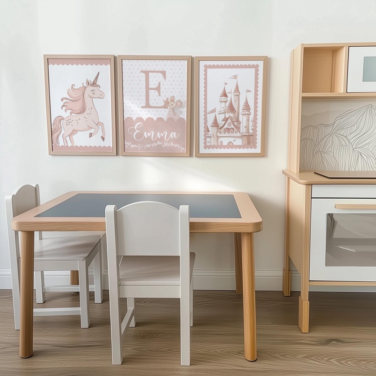 Set of 3 Personalised Pink Unicorn Nursery Prints – Princess Castle Wall Art for Baby's Room - RoseRowanDesign -