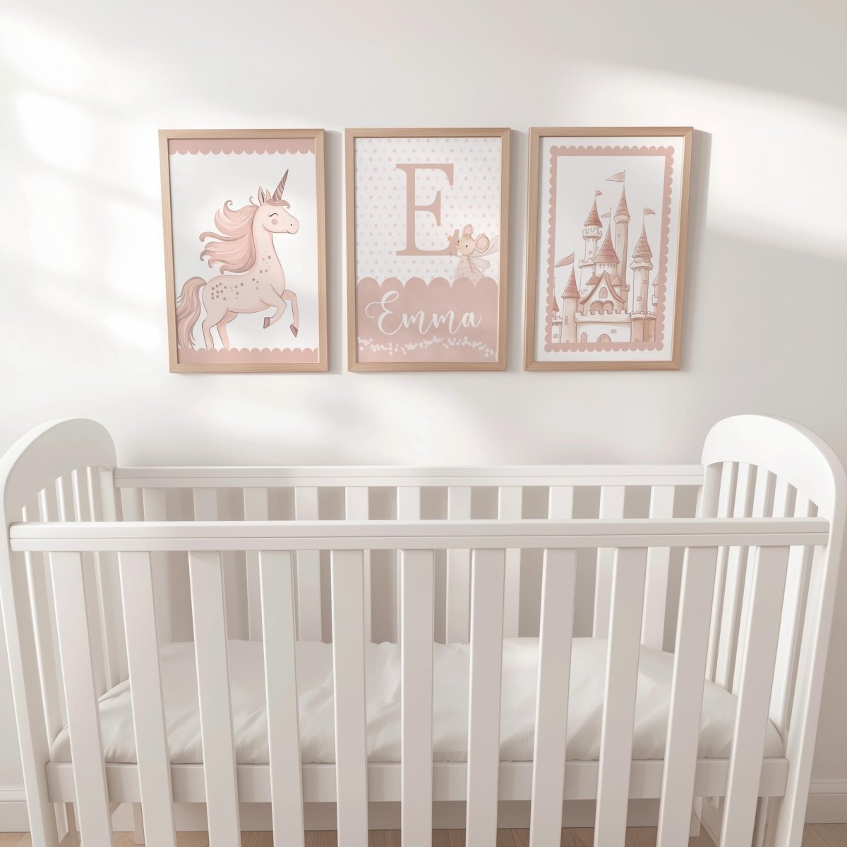 Set of 3 Personalised Pink Unicorn Nursery Prints – Princess Castle Wall Art for Baby's Room - RoseRowanDesign -