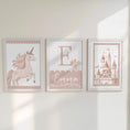 Load image into Gallery viewer, Set of 3 Personalised Pink Unicorn Nursery Prints – Princess Castle Wall Art for Baby's Room - RoseRowanDesign -