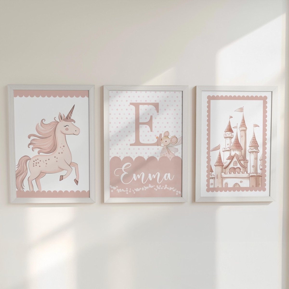 Set of 3 Personalised Pink Unicorn Nursery Prints – Princess Castle Wall Art for Baby's Room - RoseRowanDesign -