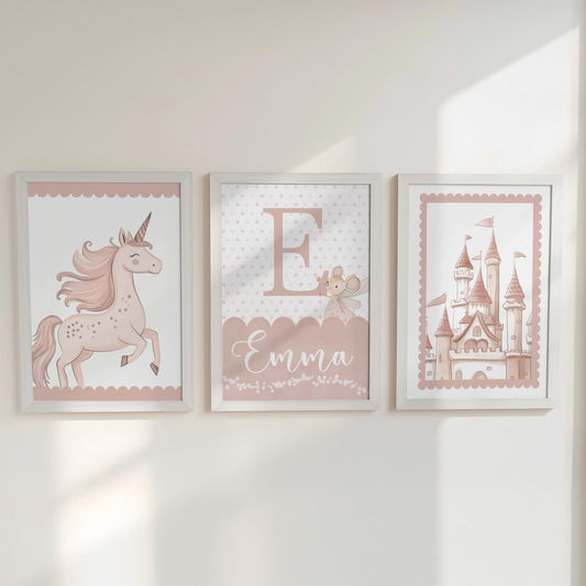 Set of 3 Personalised Pink Unicorn Nursery Prints – Princess Castle Wall Art for Baby's Room - RoseRowanDesign -