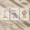 Load image into Gallery viewer, Set of 3 Personalised Safari Animal Nursery Prints – Beige Checkerboard Wall Art for Boys Room - RoseRowanDesign -