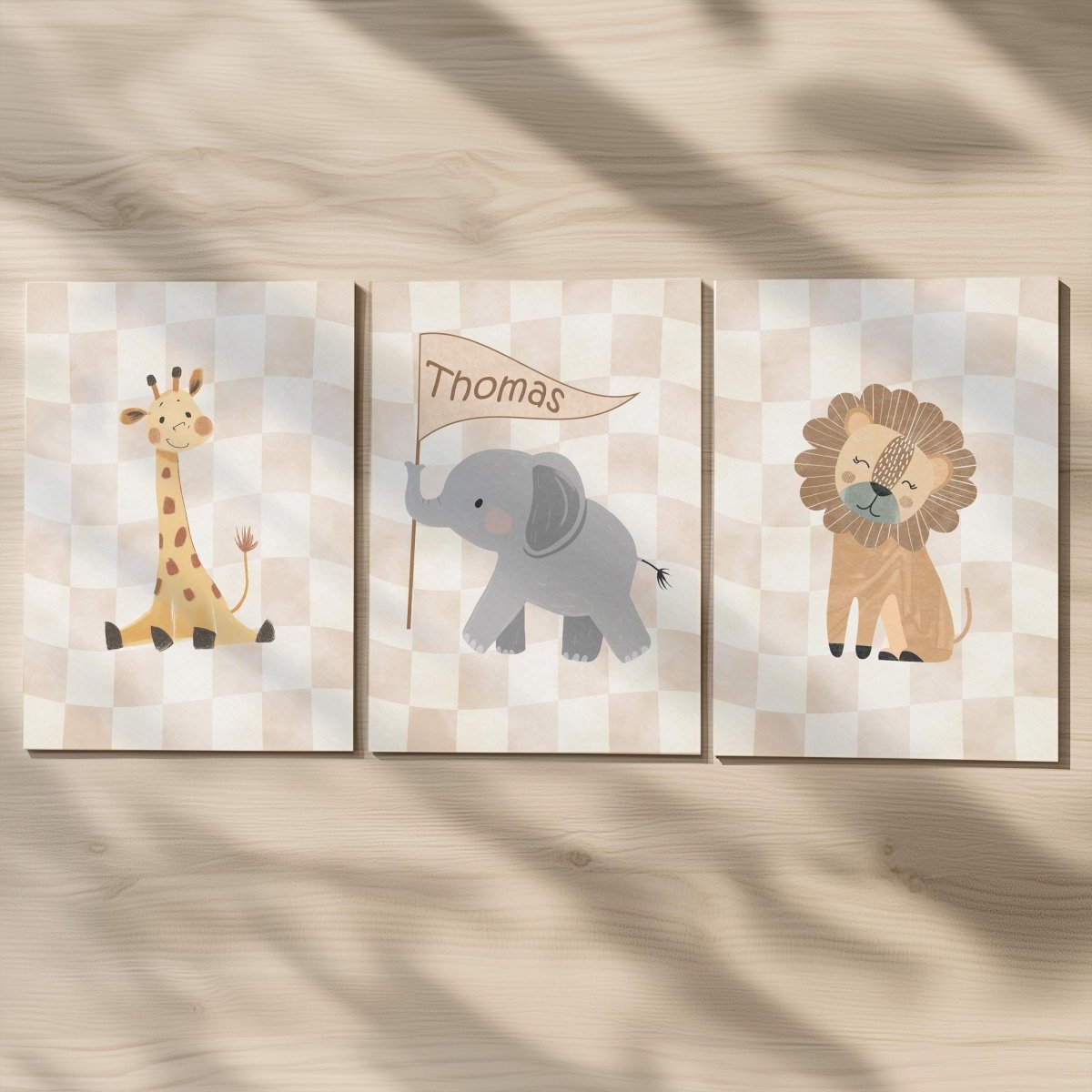 Set of 3 Personalised Safari Animal Nursery Prints – Beige Checkerboard Wall Art for Boys Room - RoseRowanDesign -