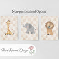 Load image into Gallery viewer, Set of 3 Personalised Safari Animal Nursery Prints – Beige Checkerboard Wall Art for Boys Room - RoseRowanDesign -
