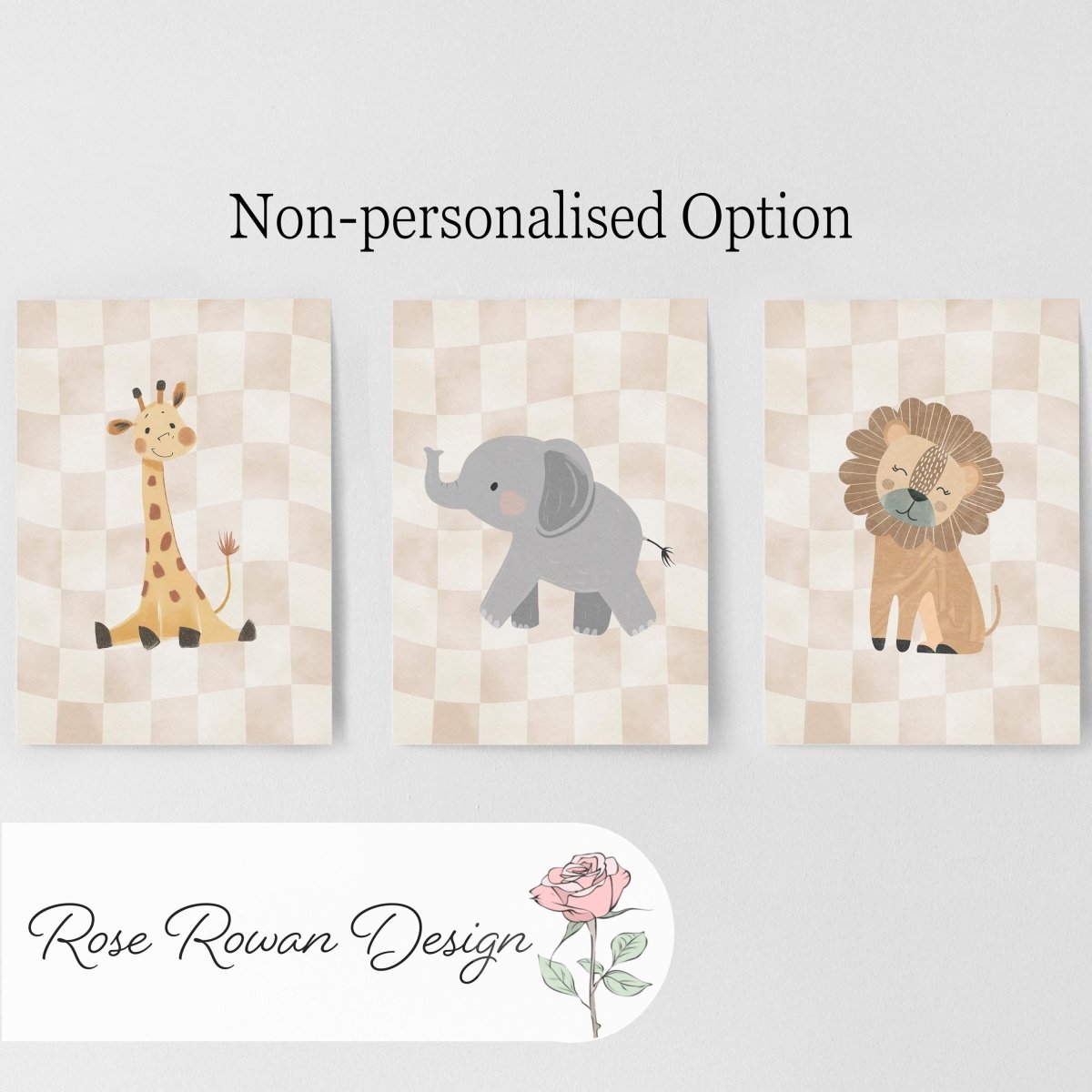 Set of 3 Personalised Safari Animal Nursery Prints – Beige Checkerboard Wall Art for Boys Room - RoseRowanDesign -