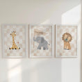 Load image into Gallery viewer, Set of 3 Personalised Safari Animal Nursery Prints – Beige Checkerboard Wall Art for Boys Room - RoseRowanDesign -