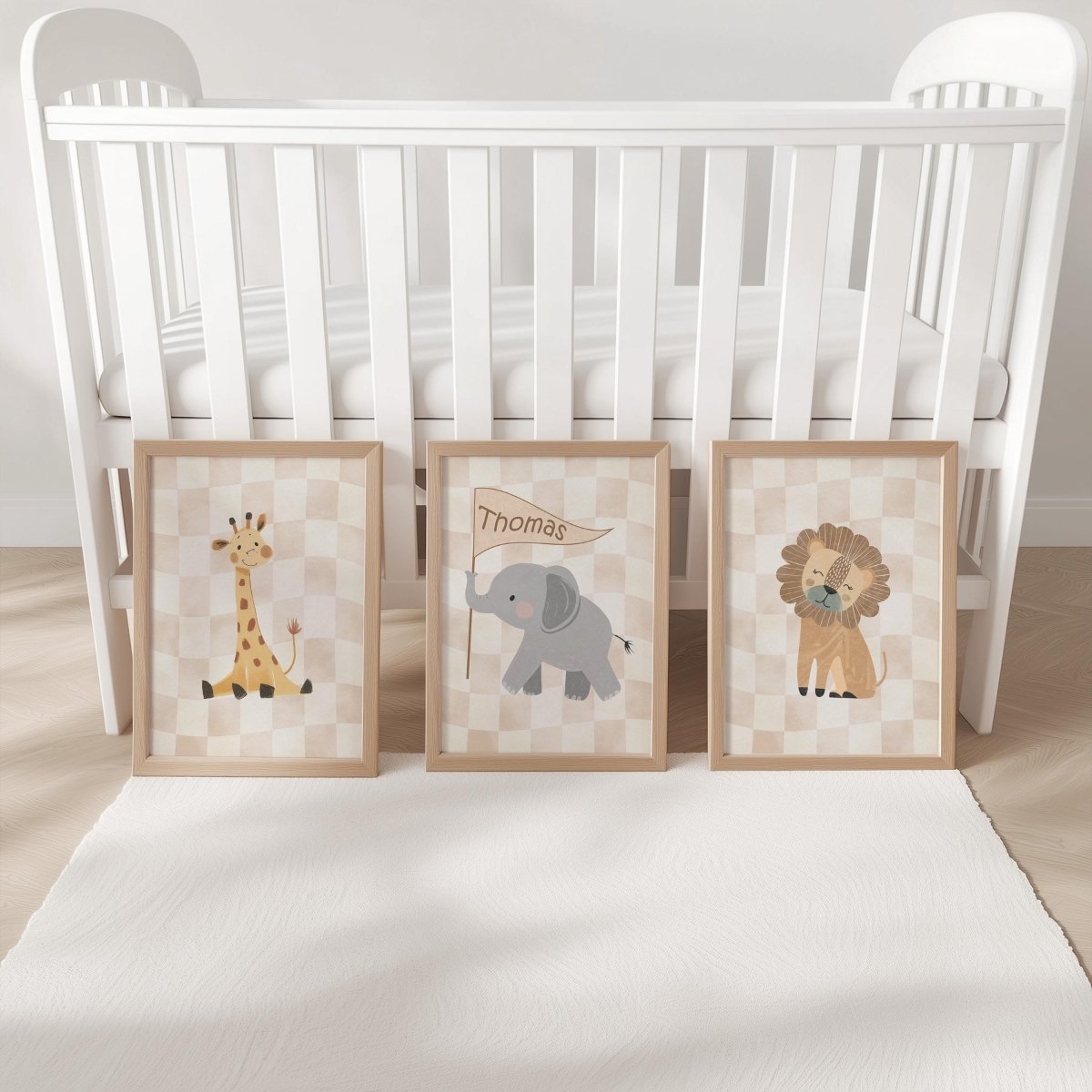 Set of 3 Personalised Safari Animal Nursery Prints – Beige Checkerboard Wall Art for Boys Room - RoseRowanDesign -