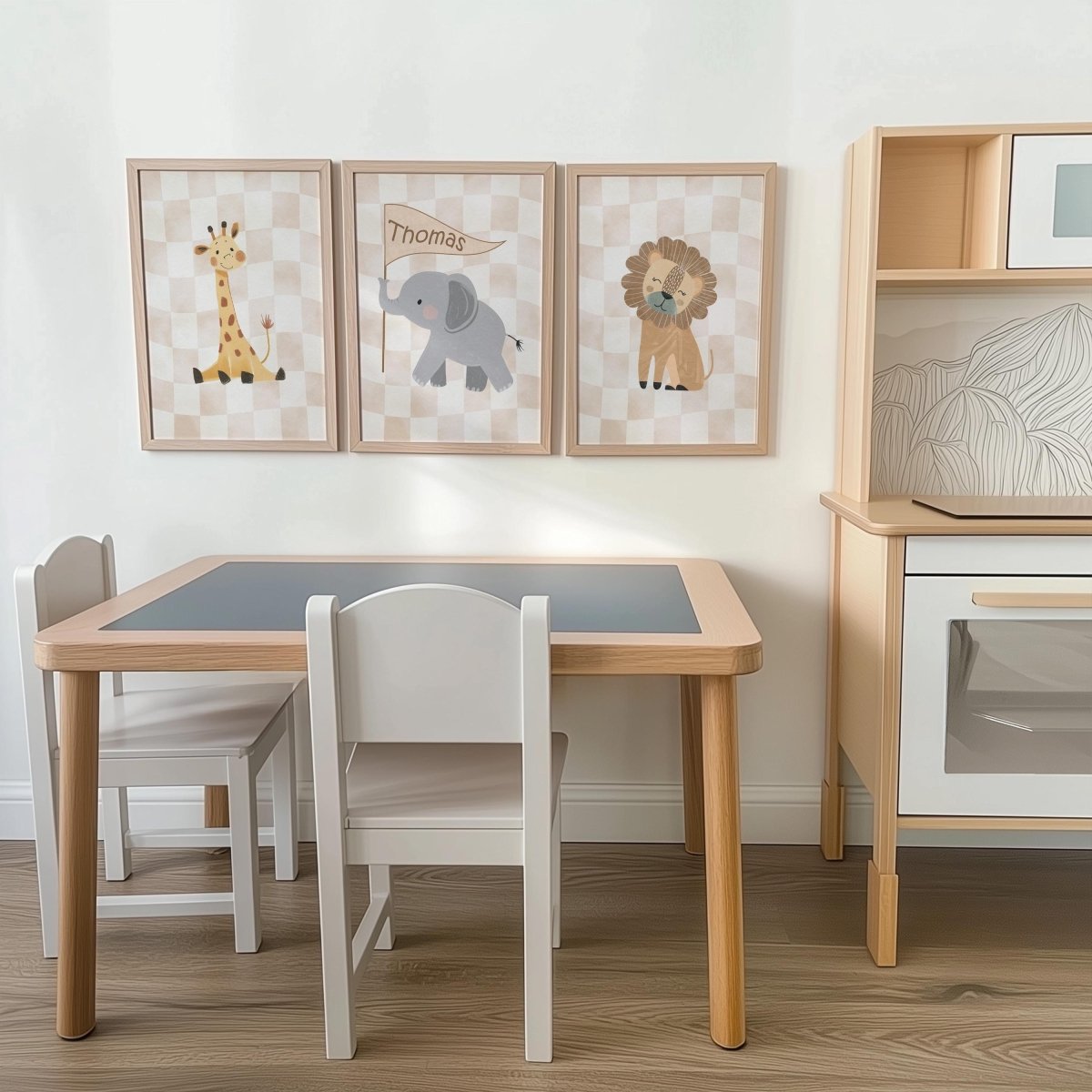 Set of 3 Personalised Safari Animal Nursery Prints – Beige Checkerboard Wall Art for Boys Room - RoseRowanDesign -