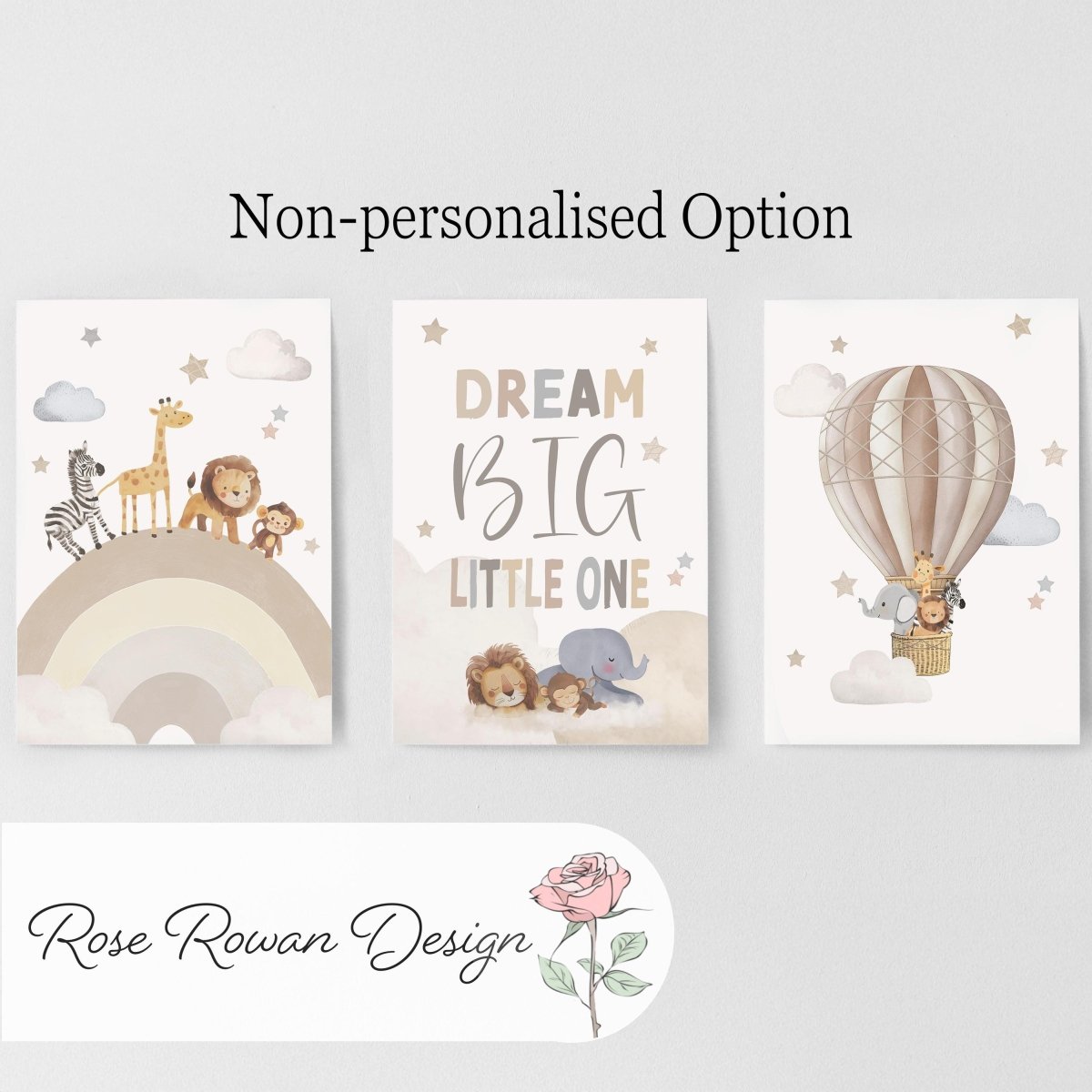 Set of 3 Personalised Safari Animal Nursery Prints – Neutral Hot Air Balloon & Rainbow Wall Art - RoseRowanDesign -