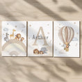 Load image into Gallery viewer, Set of 3 Personalised Safari Animal Nursery Prints – Neutral Hot Air Balloon & Rainbow Wall Art - RoseRowanDesign -