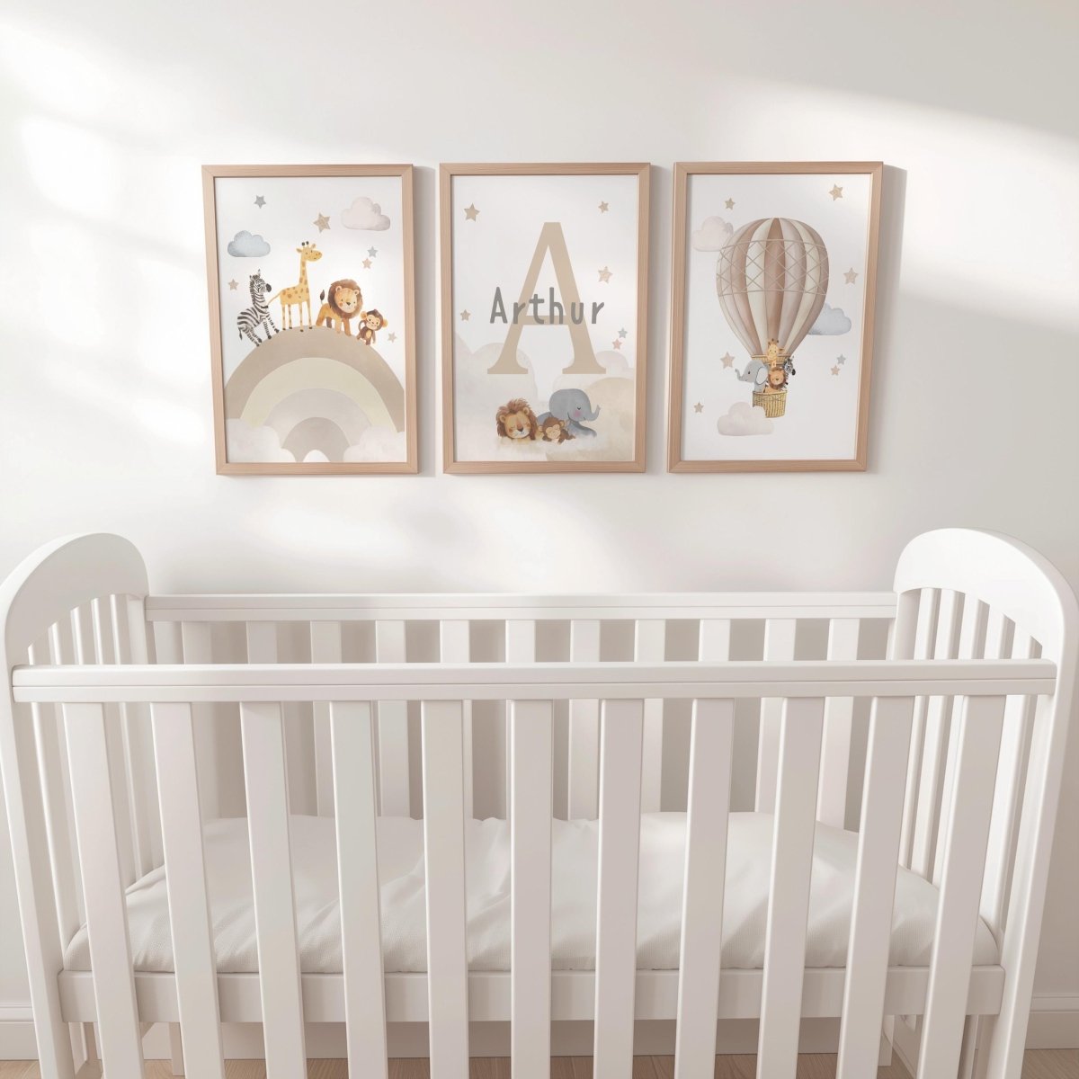 Set of 3 Personalised Safari Animal Nursery Prints – Neutral Hot Air Balloon & Rainbow Wall Art - RoseRowanDesign -