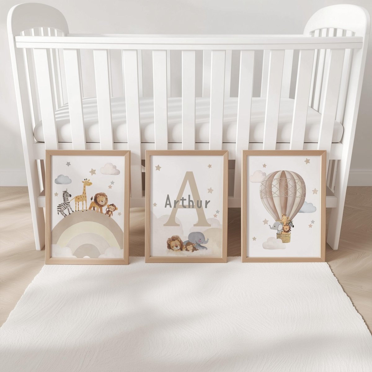 Set of 3 Personalised Safari Animal Nursery Prints – Neutral Hot Air Balloon & Rainbow Wall Art - RoseRowanDesign -