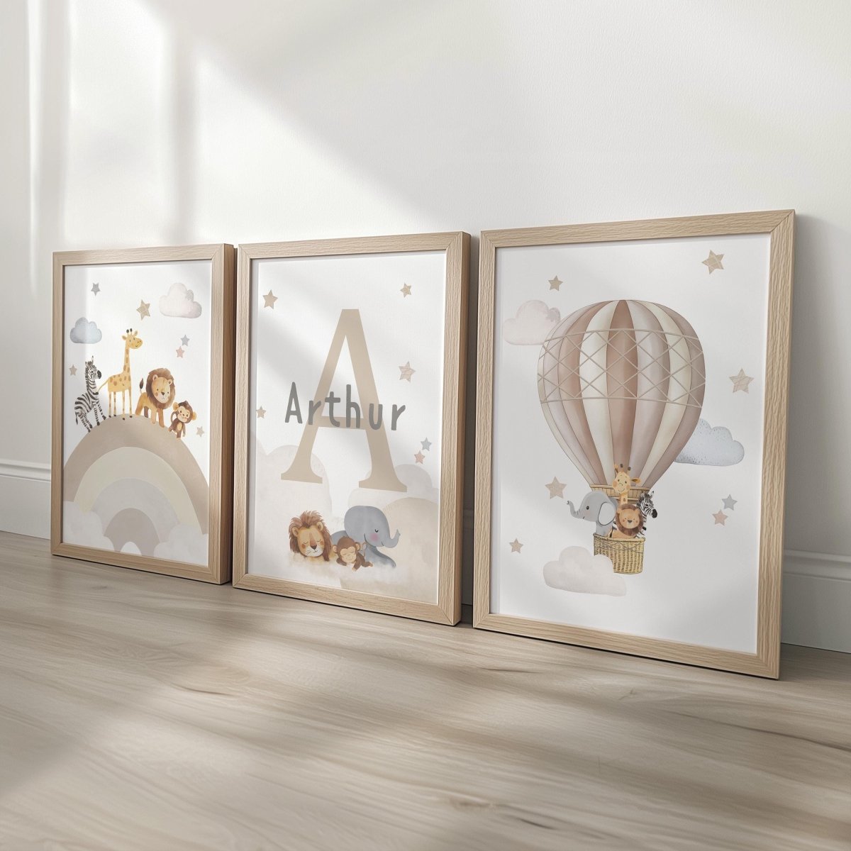 Set of 3 Personalised Safari Animal Nursery Prints – Neutral Hot Air Balloon & Rainbow Wall Art - RoseRowanDesign -