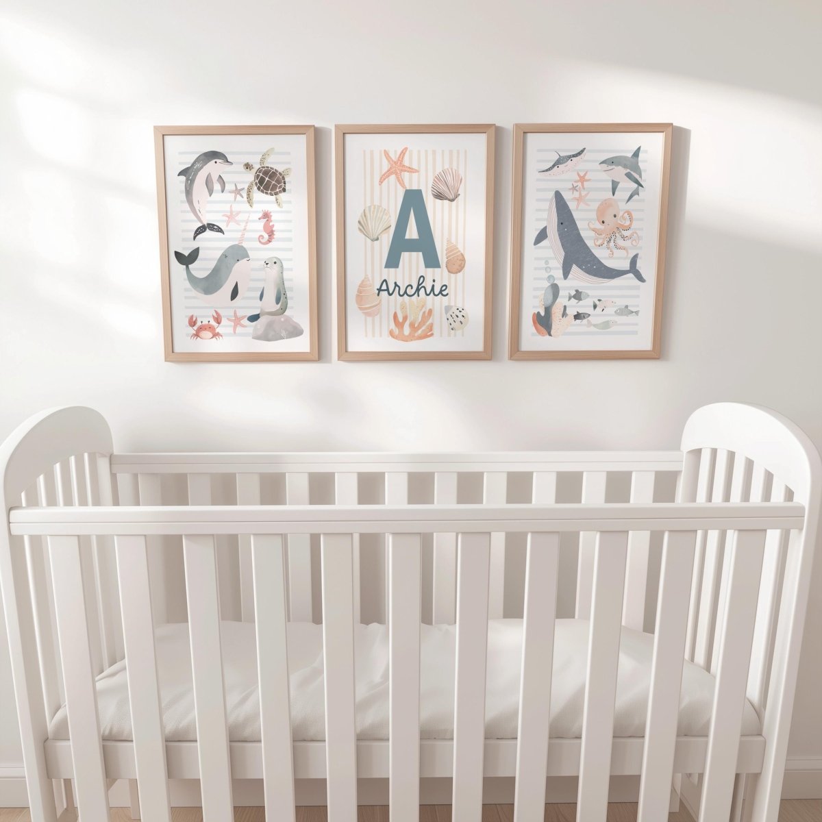 Set of 3 Personalised Sea Creatures Nursery Prints – Custom Name Ocean & Nautical Wall Art - RoseRowanDesign -