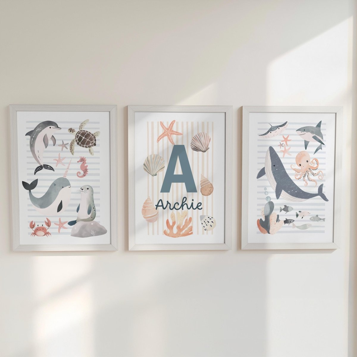 Set of 3 Personalised Sea Creatures Nursery Prints – Custom Name Ocean & Nautical Wall Art - RoseRowanDesign -