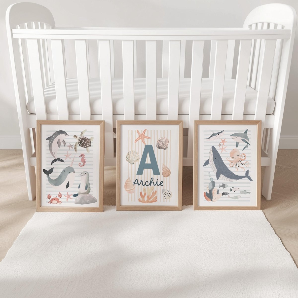 Set of 3 Personalised Sea Creatures Nursery Prints – Custom Name Ocean & Nautical Wall Art - RoseRowanDesign -