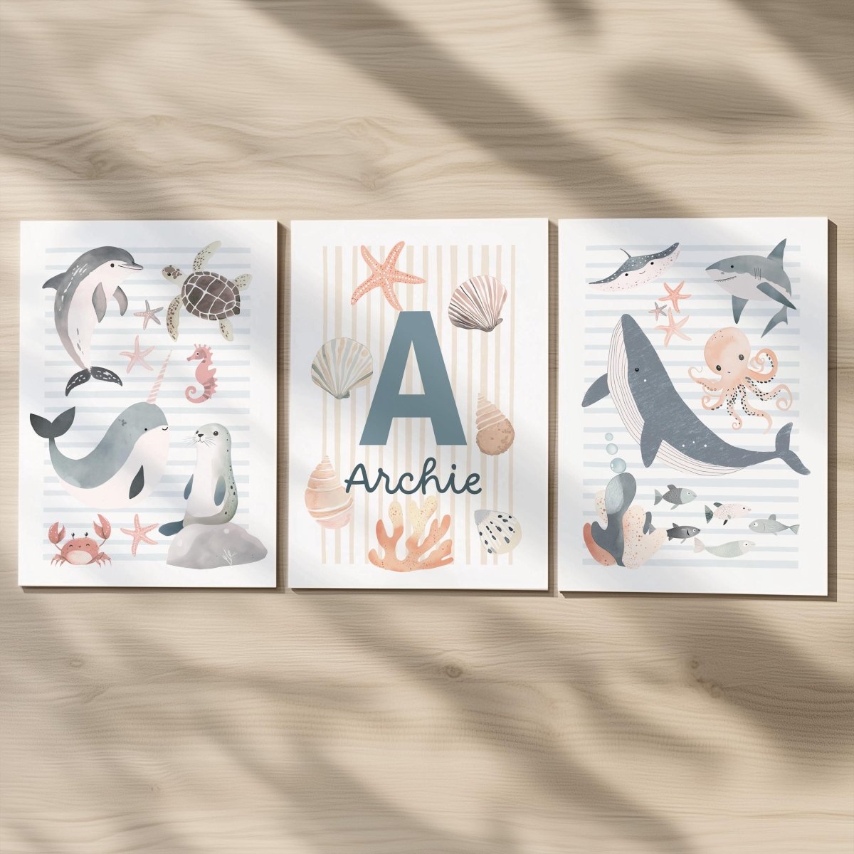 Set of 3 Personalised Sea Creatures Nursery Prints – Custom Name Ocean & Nautical Wall Art - RoseRowanDesign -
