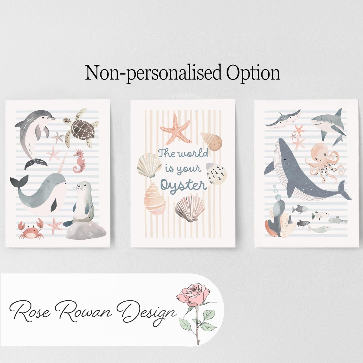 Set of 3 Personalised Sea Creatures Nursery Prints – Custom Name Ocean & Nautical Wall Art - RoseRowanDesign -