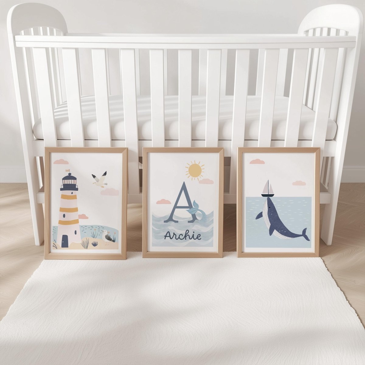 Set of 3 Personalised Sea Life Nursery Prints – Custom Name Ocean & Nautical Wall Ar - RoseRowanDesign -