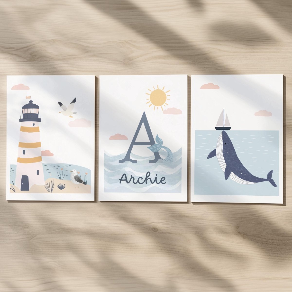 Set of 3 Personalised Sea Life Nursery Prints – Custom Name Ocean & Nautical Wall Ar - RoseRowanDesign -