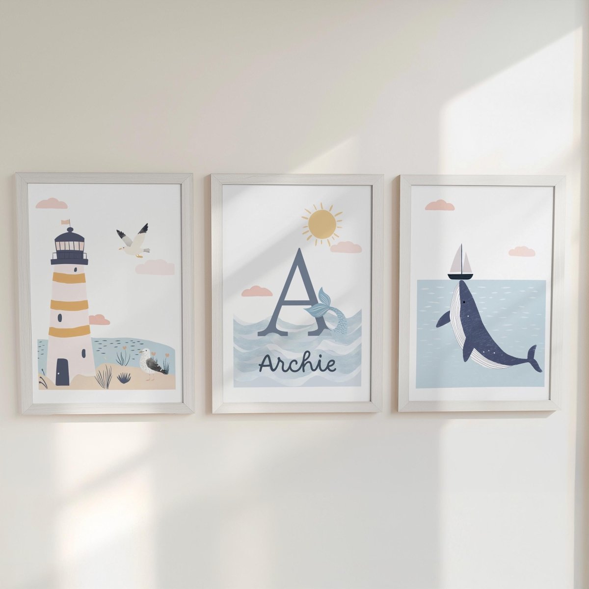 Set of 3 Personalised Sea Life Nursery Prints – Custom Name Ocean & Nautical Wall Ar - RoseRowanDesign -