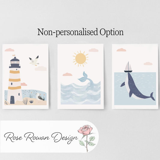 Set of 3 Personalised Sea Life Nursery Prints – Custom Name Ocean & Nautical Wall Ar - RoseRowanDesign -