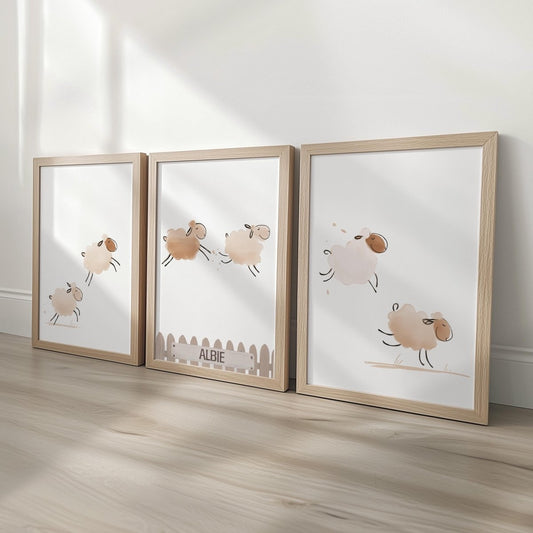 Set of 3 Personalised Sheep Farm Prints – Kids Name Wall Art for Nursery, Bedroom or Playroom - RoseRowanDesign -