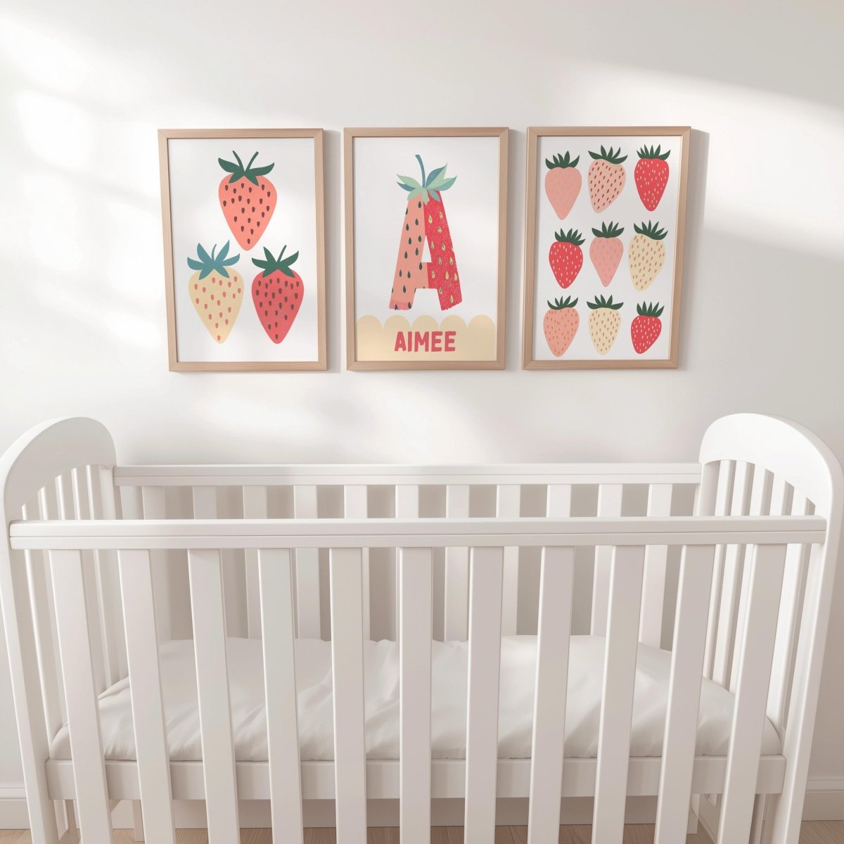 Set of 3 Personalised Strawberry Prints – Custom Name Wall Art for Girls Nursery & Bedroom - RoseRowanDesign -