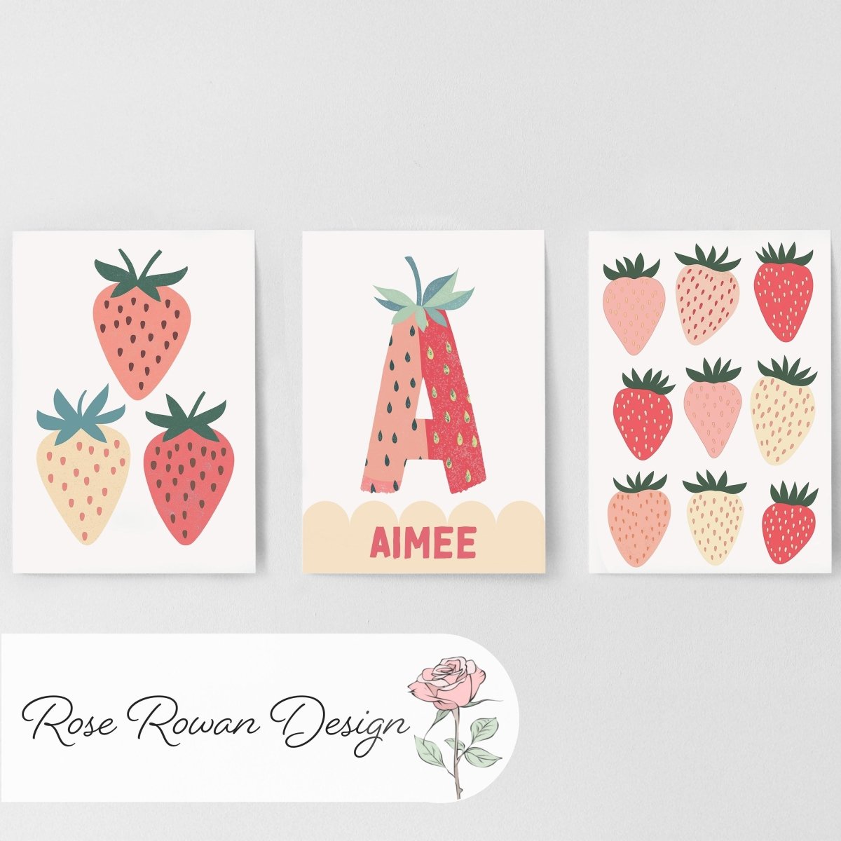 Set of 3 Personalised Strawberry Prints – Custom Name Wall Art for Girls Nursery & Bedroom - RoseRowanDesign -