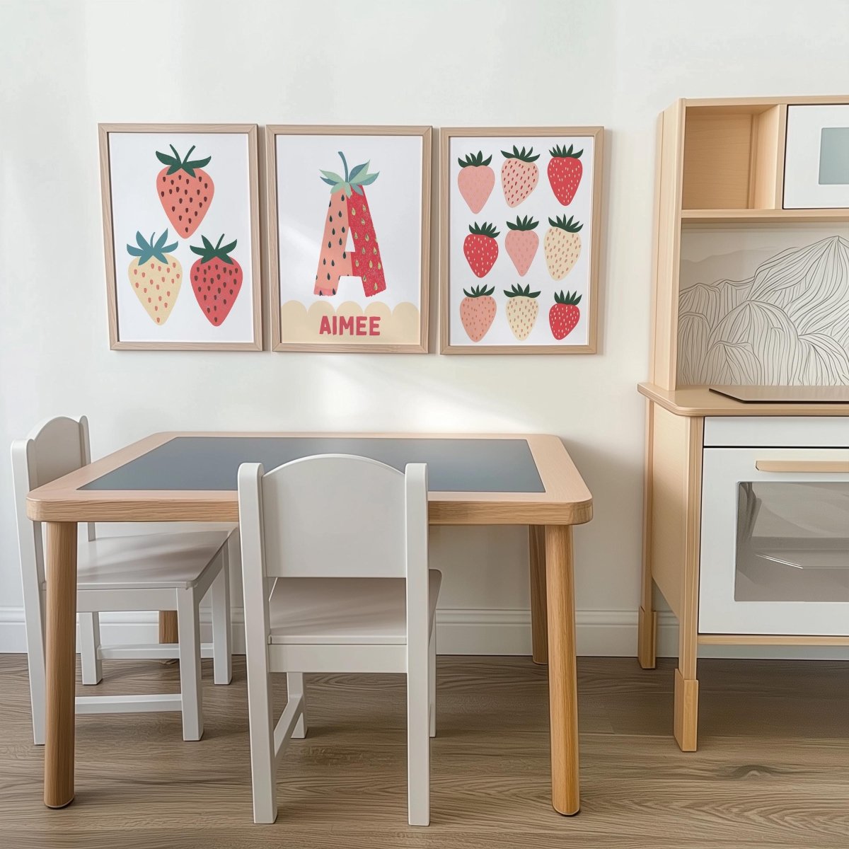 Set of 3 Personalised Strawberry Prints – Custom Name Wall Art for Girls Nursery & Bedroom - RoseRowanDesign -