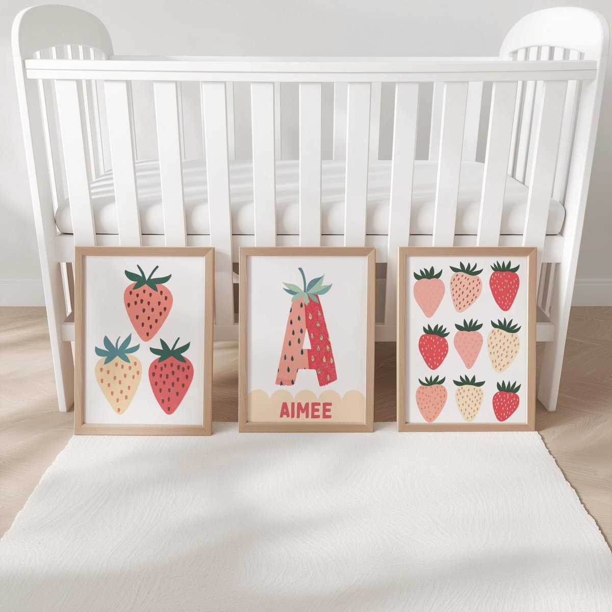 Set of 3 Personalised Strawberry Prints – Custom Name Wall Art for Girls Nursery & Bedroom - RoseRowanDesign -