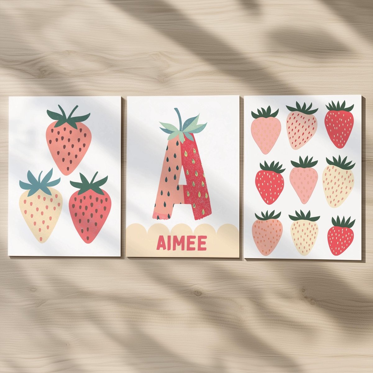 Set of 3 Personalised Strawberry Prints – Custom Name Wall Art for Girls Nursery & Bedroom - RoseRowanDesign -