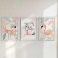 Load image into Gallery viewer, Set of 3 Personalised Tropical Flamingo Nursery Prints – Custom Wall Art for Girls Room - RoseRowanDesign -