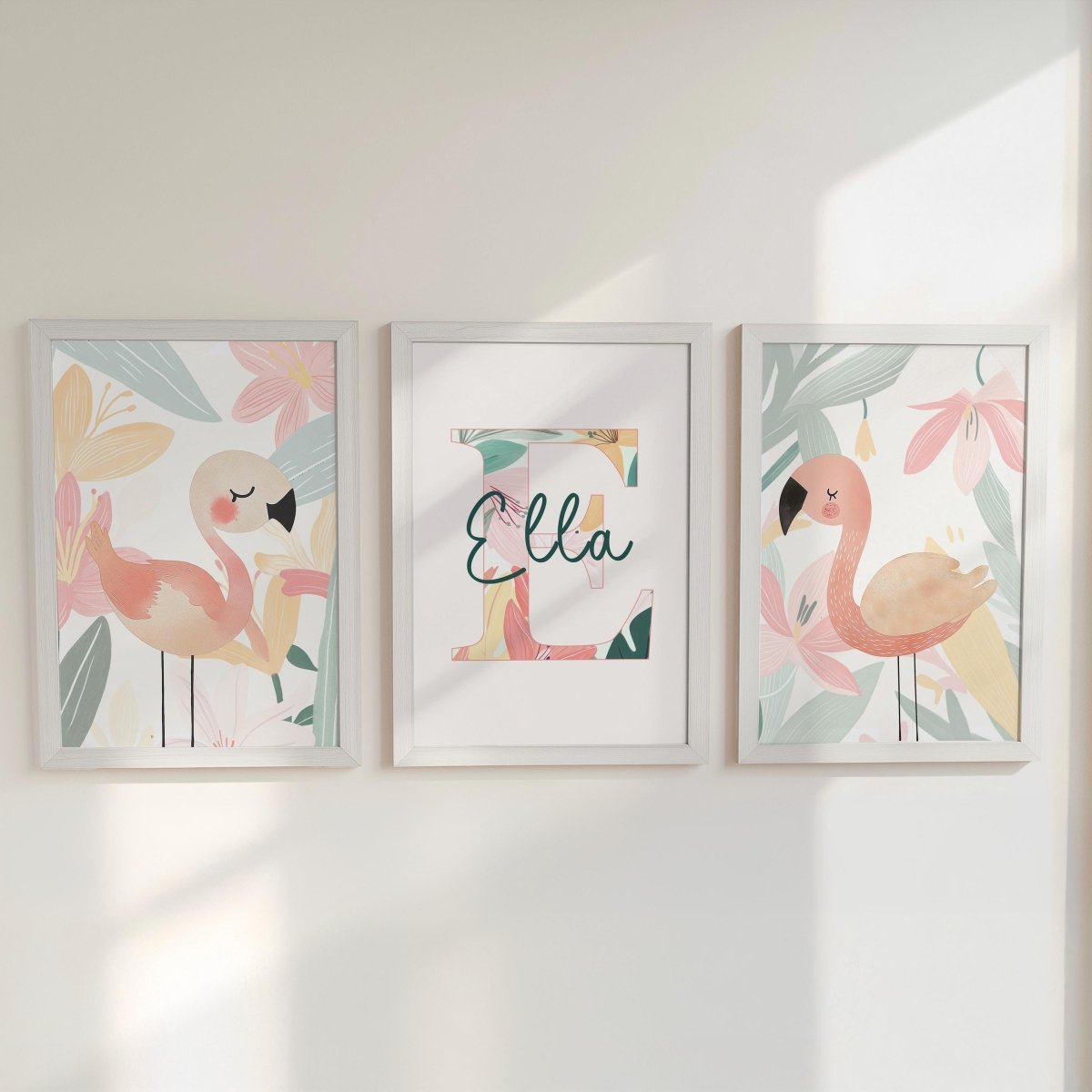Set of 3 Personalised Tropical Flamingo Nursery Prints – Custom Wall Art for Girls Room - RoseRowanDesign -
