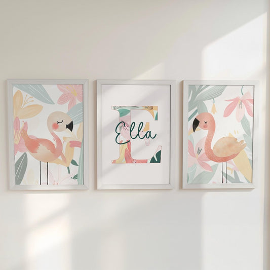 Set of 3 Personalised Tropical Flamingo Nursery Prints – Custom Wall Art for Girls Room - RoseRowanDesign -