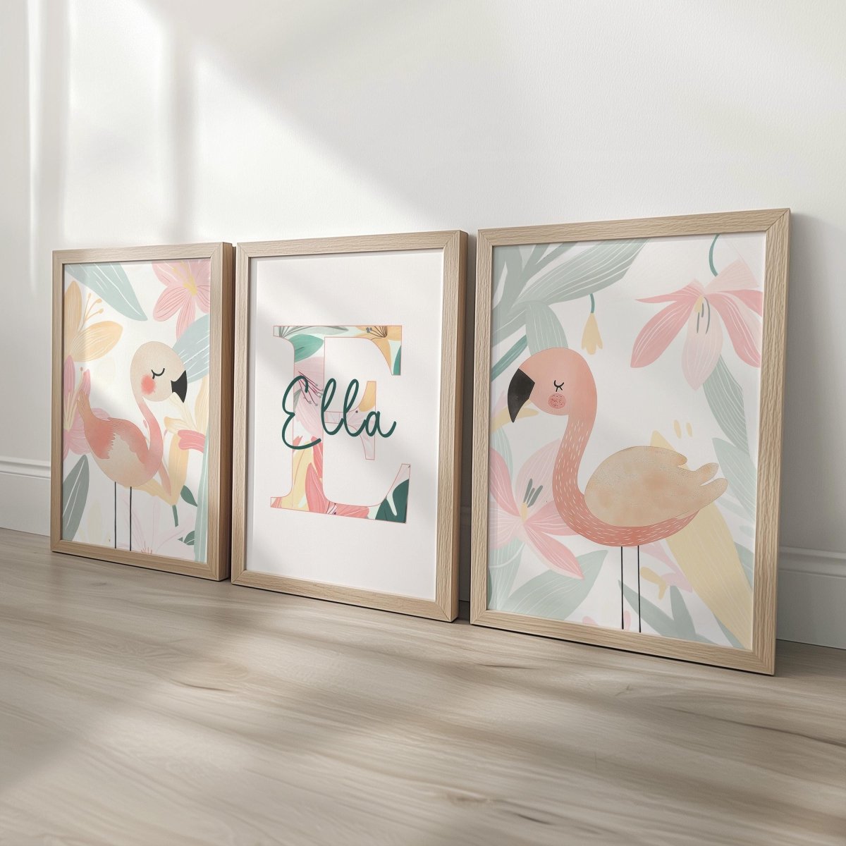 Set of 3 Personalised Tropical Flamingo Nursery Prints – Custom Wall Art for Girls Room - RoseRowanDesign -