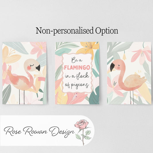Set of 3 Personalised Tropical Flamingo Nursery Prints – Custom Wall Art for Girls Room - RoseRowanDesign -