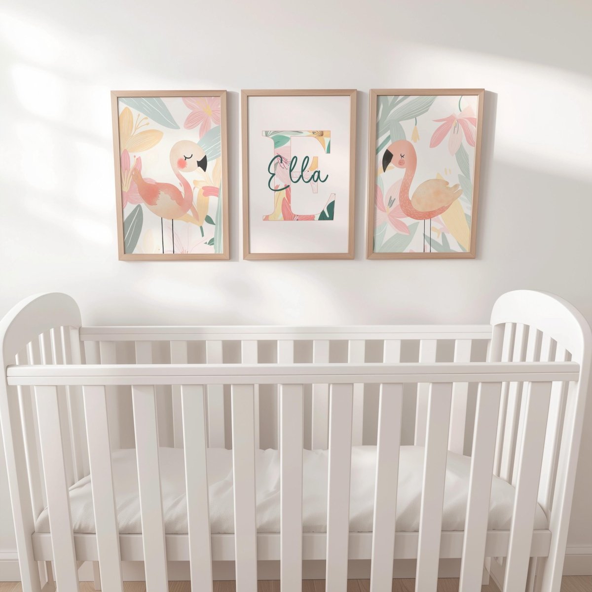 Set of 3 Personalised Tropical Flamingo Nursery Prints – Custom Wall Art for Girls Room - RoseRowanDesign -