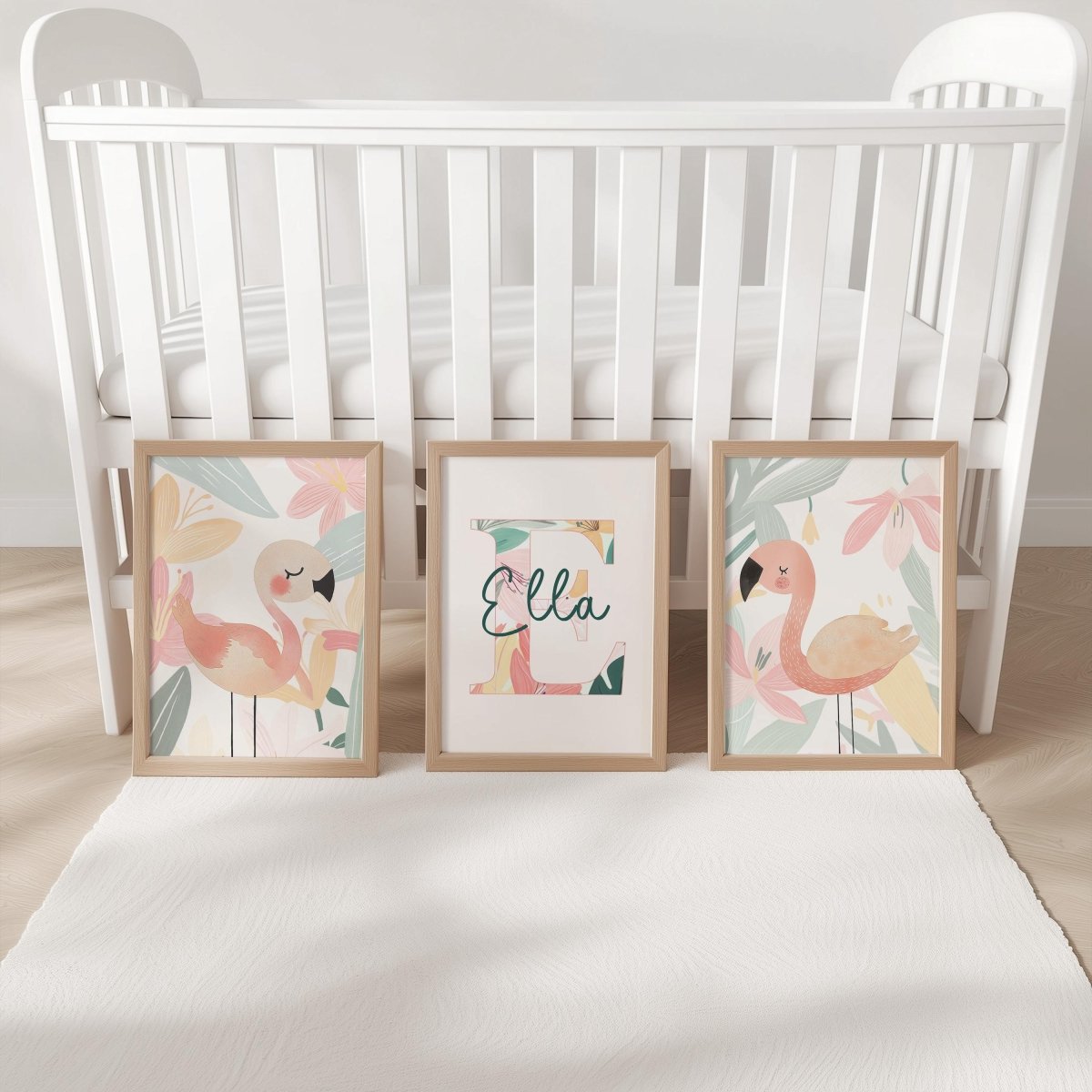 Set of 3 Personalised Tropical Flamingo Nursery Prints – Custom Wall Art for Girls Room - RoseRowanDesign -