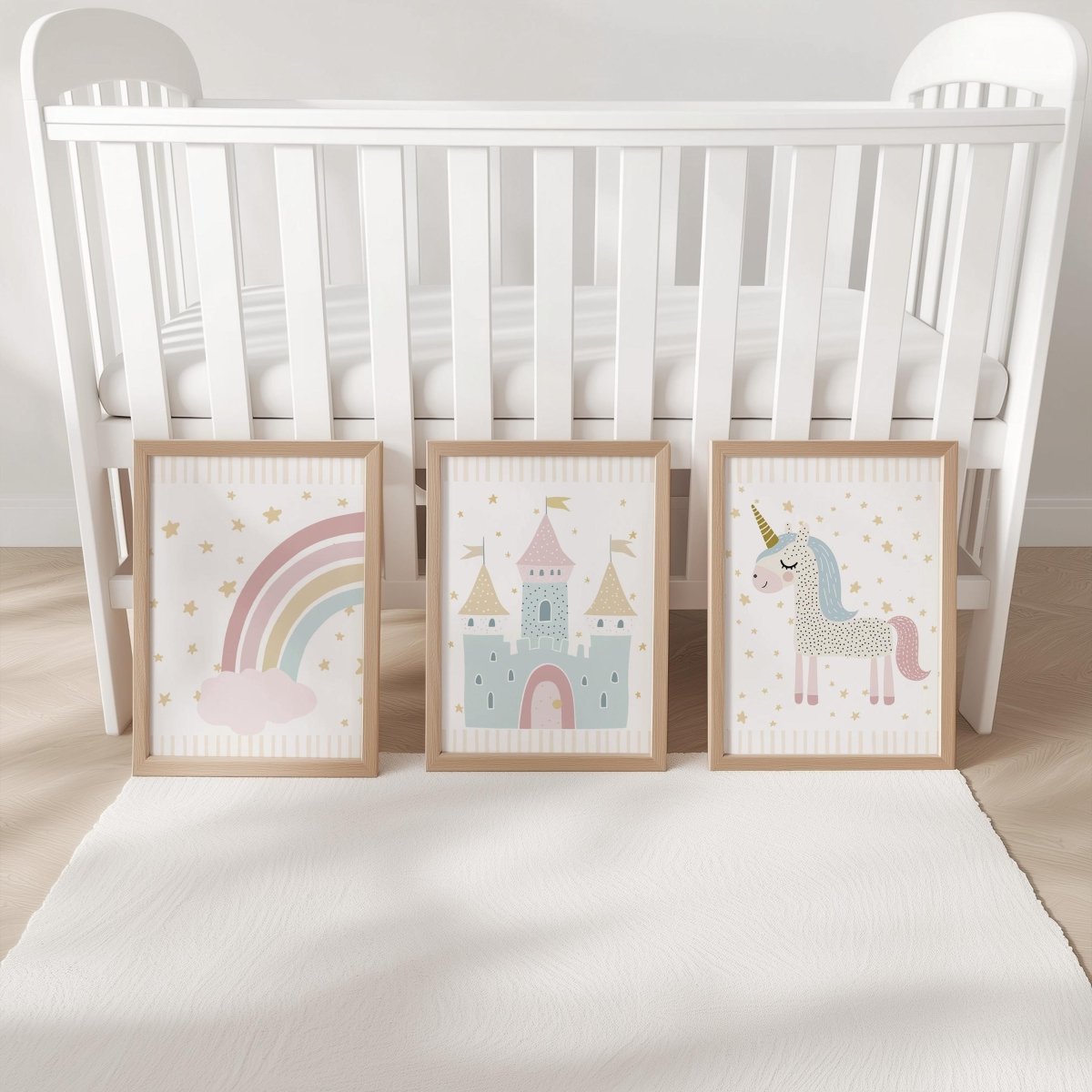 Set of 3 Personalised Unicorn Nursery Prints – Castle, Rainbow & Stars Wall Art for Girls Room - RoseRowanDesign -