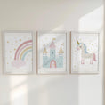 Load image into Gallery viewer, Set of 3 Personalised Unicorn Nursery Prints – Castle, Rainbow & Stars Wall Art for Girls Room - RoseRowanDesign -