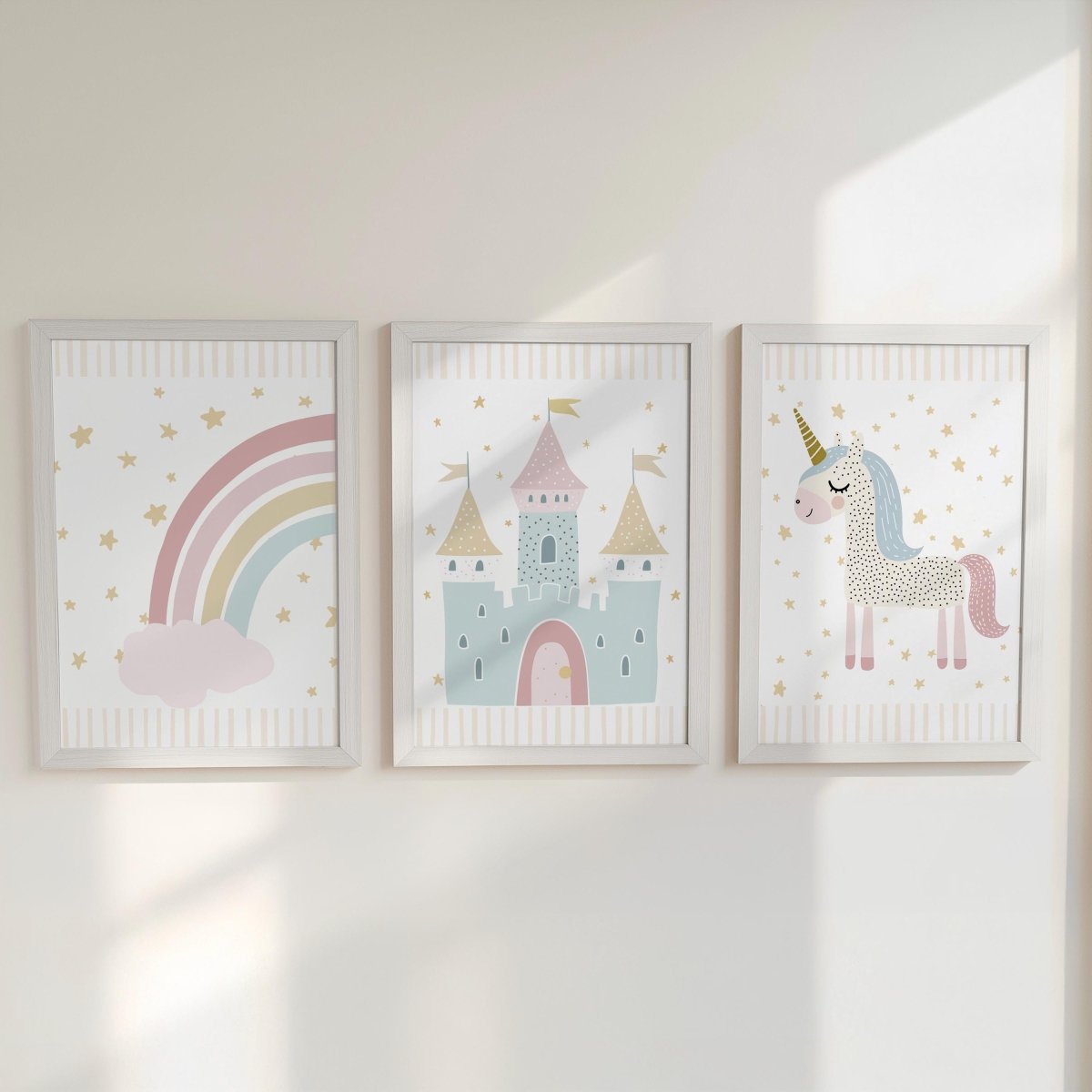 Set of 3 Personalised Unicorn Nursery Prints – Castle, Rainbow & Stars Wall Art for Girls Room - RoseRowanDesign -